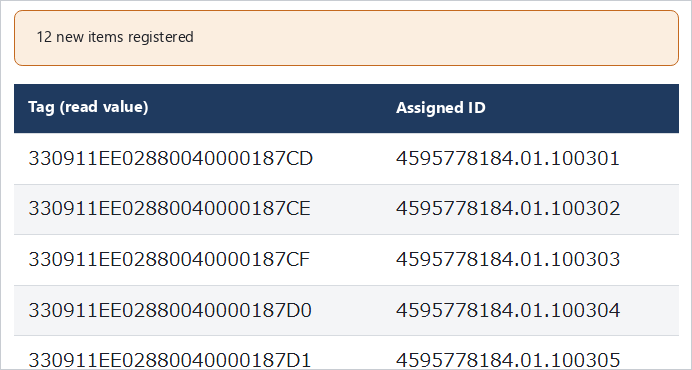Screen after reading and registering tags in bulk
